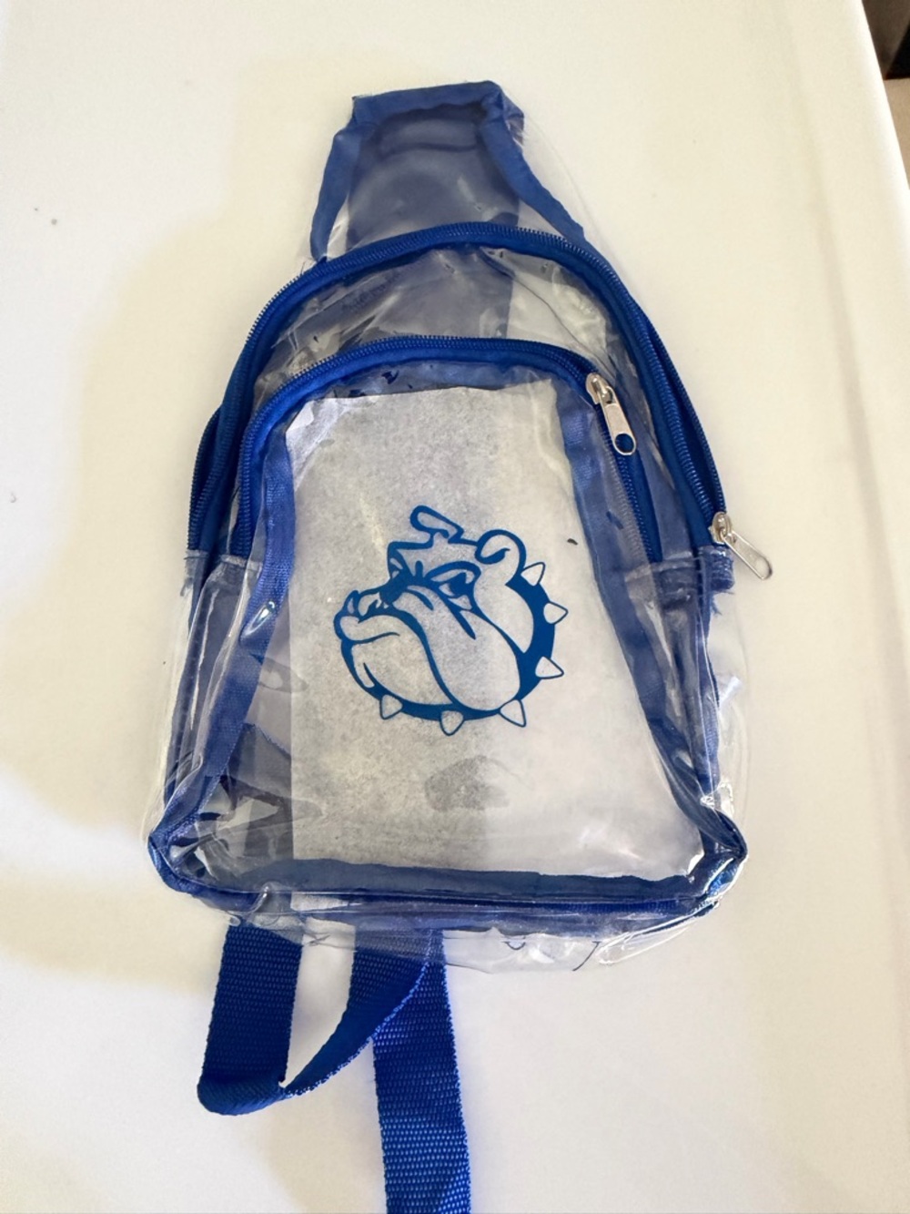 Clear Vinyl Bulldog Sling Bag in Royal Blue